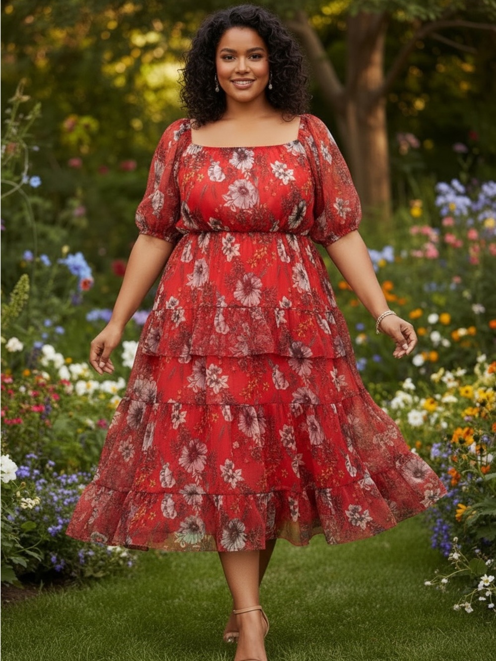 Plus-Size Red Floral Tiered Midi Dress with Square Neck - Sheer Delight!